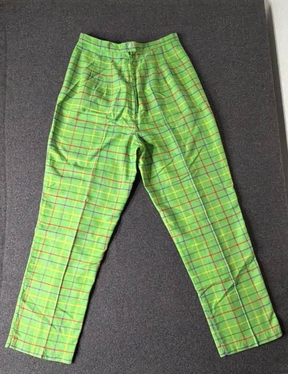 Vintage Lime Green Plaid Pants High Rise Straight Leg